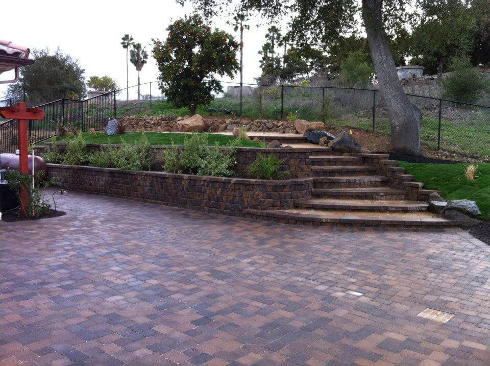 Hardscape installation with pavers and block wall